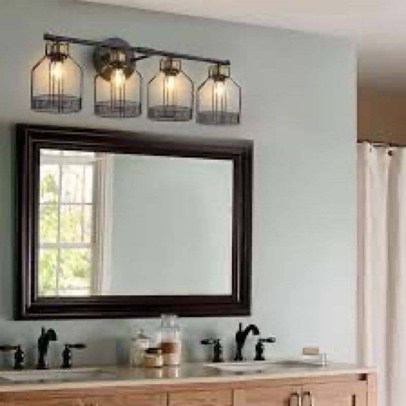 Farmhouse Industrial Vanity Light Wire Cage Shade & Black - Walnut