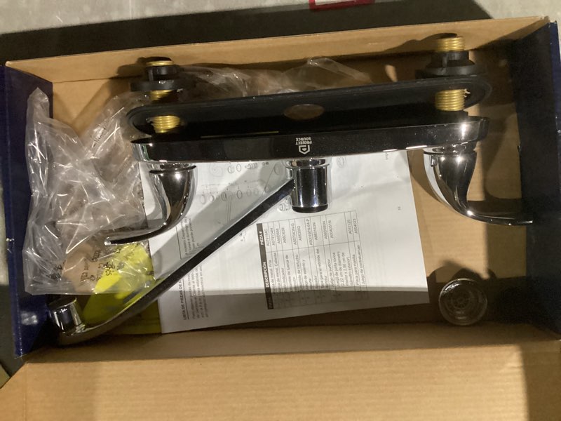 Condition photo showing As Is for project source dover chrome double handle deck-mount kitchen faucet (includes deck plate
