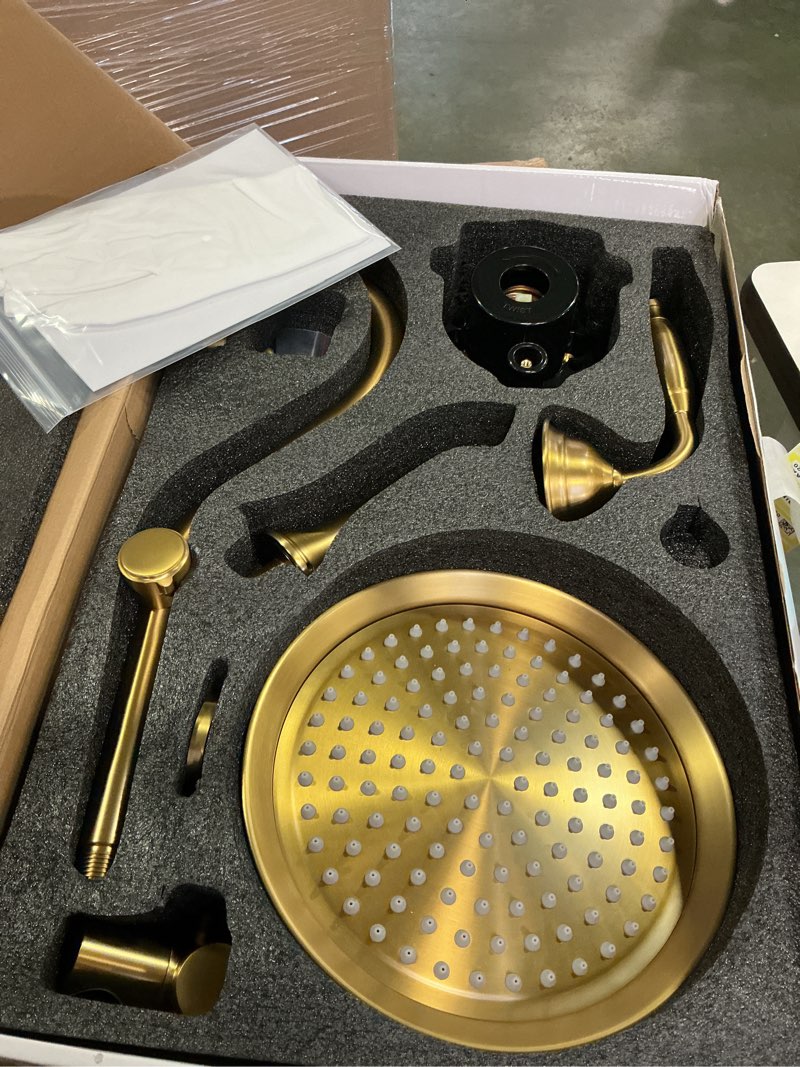 Condition photo showing Good Condition for Brushed-Gold Antique Shower-system with Tub Spout: 9 inch Rain Faucets Set in Wall, Rainfall Head and Handheld Spray, 3 Way Diverter Brass Valve with Trim Kit Brushed Gold