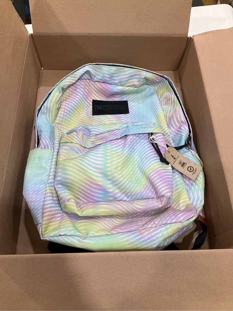 Condition photo showing Good Condition for jansport superbreak one backpack - durable, lightweight bag with 1 main compartment, front utility pocket with built-in organizer, premium backpack, fluttering fields fluttering fields one size