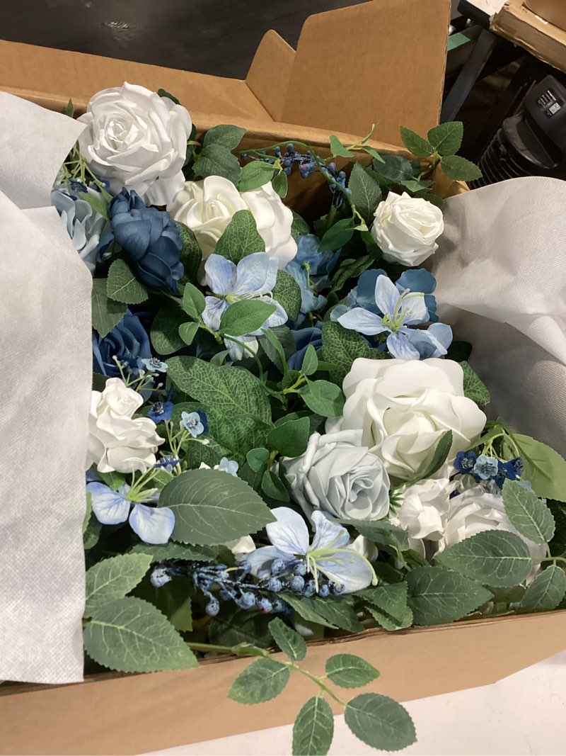 Condition photo showing Good Condition for ling's moment artificial wedding arch flowers with drapes kit-pack of 5, 2pcs flower arrangements 3pcs hanging sheer drapes sage ceremony arbor backdrop rose floral decorations, dusty blue blu-dusty blue