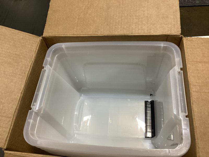 Condition photo showing As Is for iris usa 19 qt plastic storage box with lid and latches - 6 pack - bpa-free, see-through organizing solution, durable nestable stackable containers, secure pull handle - clear clear 19 qt 6 pack