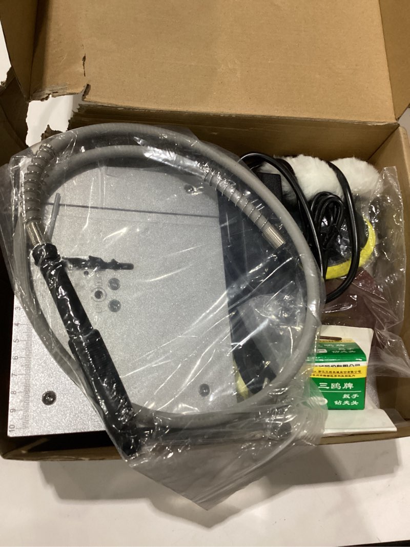Condition photo showing As Is for used  ot tested mini table saw for crafts, dual motors & switches, 7 levels & height adjustable table saw with 135pcs accessories for men and women's cutting, grinding, engraving and drilling