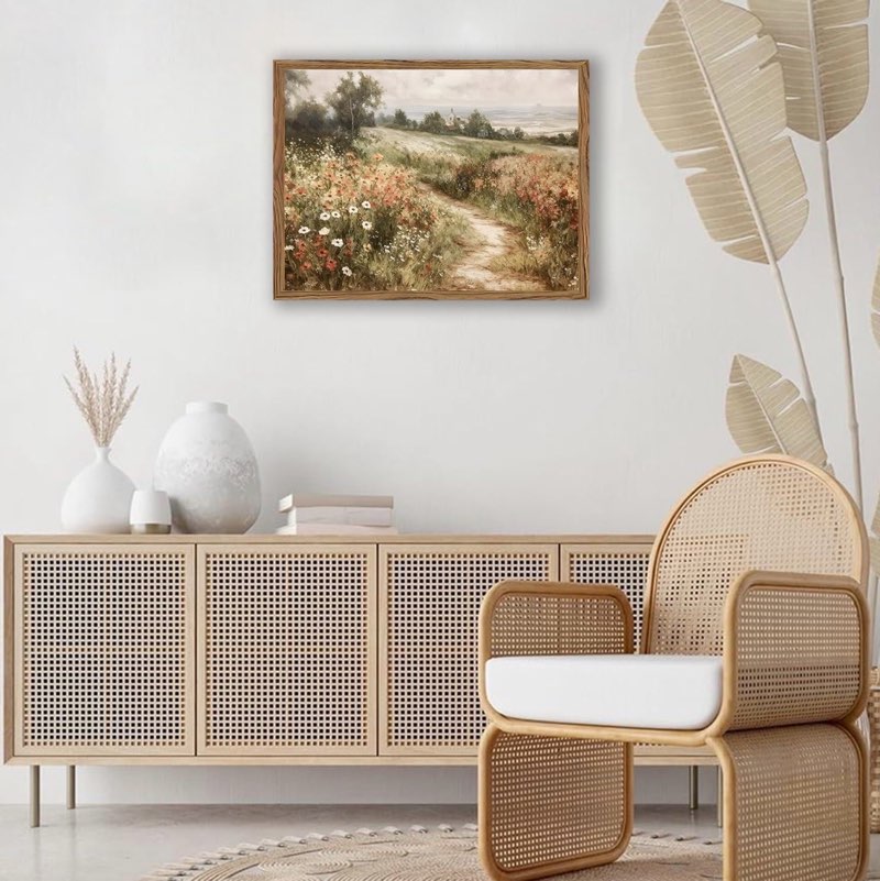 Vintage Wood Framed Canvas Art, Nature Country Wildflower Paintings wall artDecor, Farmhouse Pictures Modern Artwork, landscape wall art,cottagecore wall decor, vintage landscape wall art 16”x 24 “