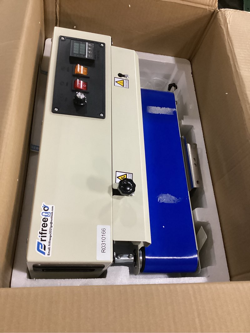 Condition photo showing As Is for commercial heat sealer machine, continuous bag band sealing machine with digital temperature control automatic bag sealer machine for cookie, food storage, kitchen, bakery, snacks packaging