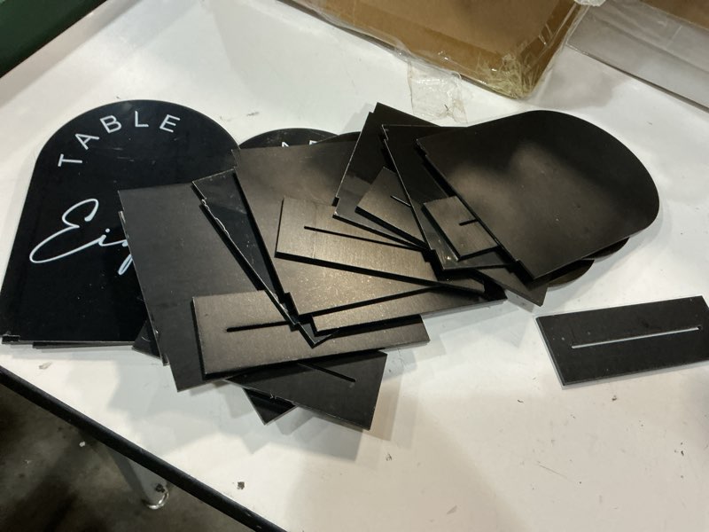 Condition photo showing As Is for black arched wedding table numbers 1-10 with stands, 5x7 inch acrylic arch sign with holder, black arch acrylic table numbers for wedding reception table number 1-10, 5"x7" black white font