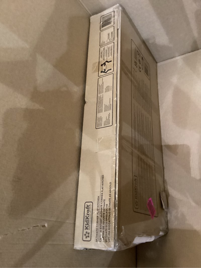 Condition photo showing As Is for KidKraft Ultimate Corner Wooden Play Kitchen with Lights & Sounds, Play Phone and Curtains, White