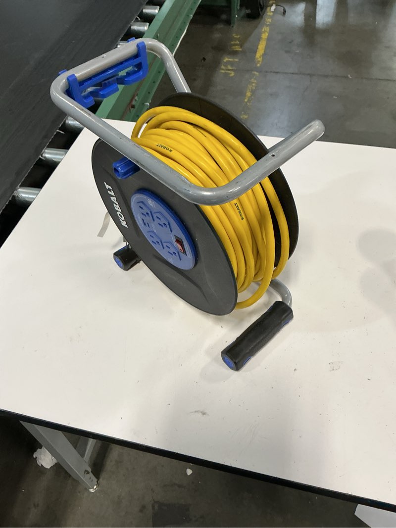 Condition photo showing As Is for  kobalt lkcrpd832u cord-reels-management-storage - view #2 kobalt lkcrpd832u cord-reels-management-storage - view #3 kobalt lkcrpd832u cord-reels-management-storage - view #4 ask mylow  will this fit a 75ft cord?  how many outlets does it have?  is it safe to use indoors? ask something else mylow is an ai virtual assistant. more information kobalt 4-outlet portable thermoplastic power station cord reel with 75ft 12/3 yellow sjtw cord