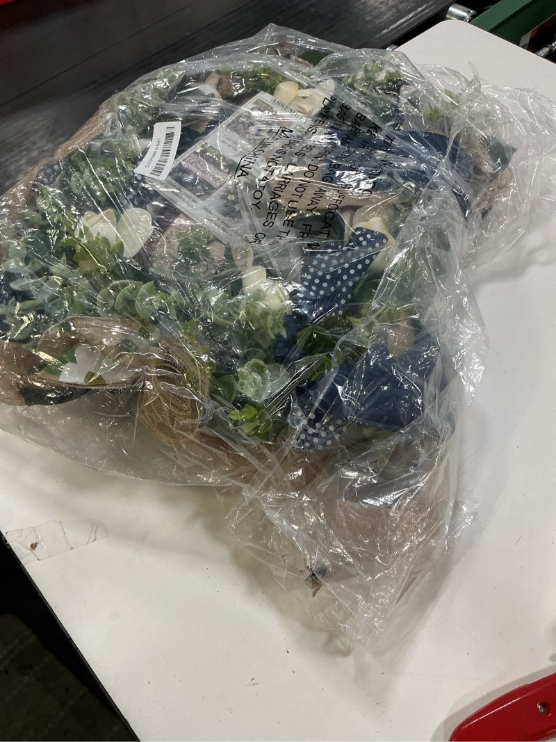 Condition photo showing Good Condition for waipfaru 22 inch spring summer wreath, magnolia wreaths for front door with eucalyptus & blue grey burlap bow, year round wreaths for porch farmhouse patio door decor all season (1 pcs) 22 inch 1 pack