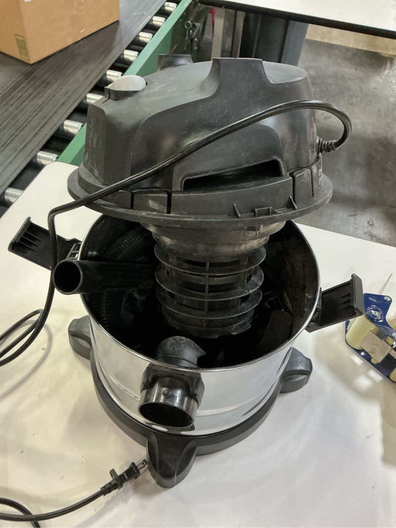 Condition photo showing As Is for Amazon Basics Wet Dry Vacuum Cleaner, 4 gallon Shop, 3 HP Stainless Steel, Grey/Black
