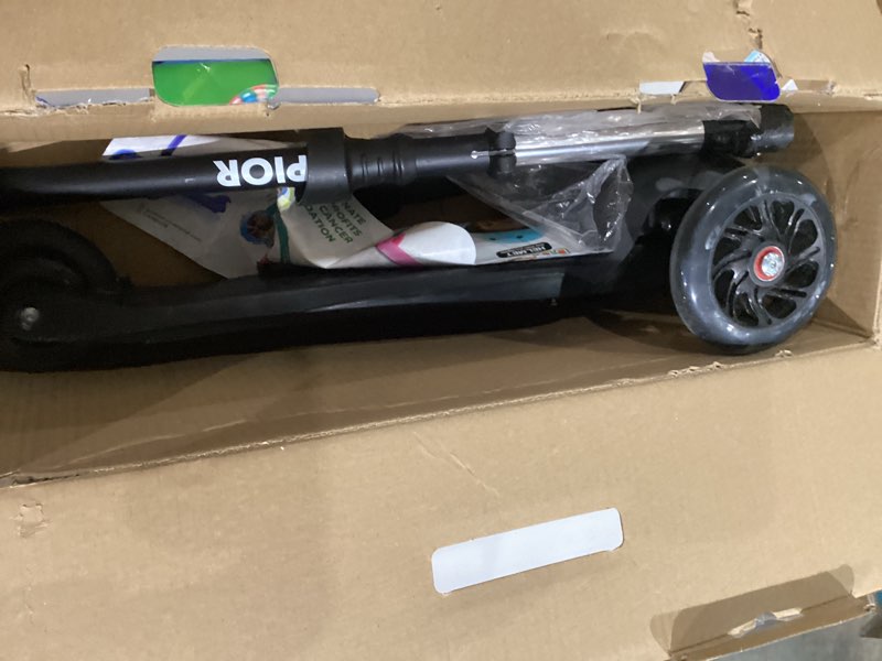 Condition photo showing As Is for black mini 3 wheel scooter for kids – lean-to-steer with led light-up wheels, adjustable handlebar, wide anti-slip deck, smooth pu wheels, rear foot brake – toddler scooter for ages 2+