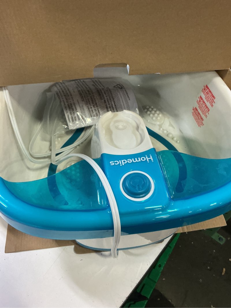 Condition photo showing Good Condition for homedics bubble mate foot spa, toe touch controlled foot bath with invigorating bubbles and splash proof, raised massage nodes and removable pumice stone