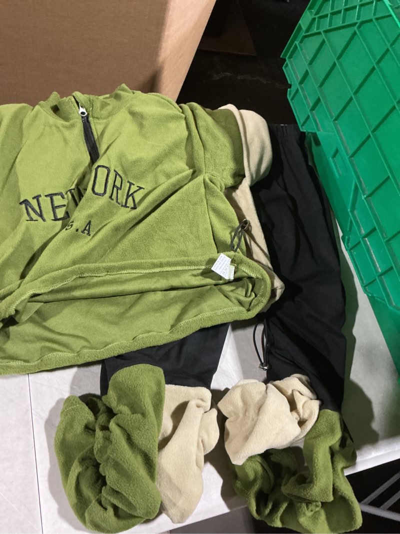 Condition photo showing Good Condition for Girls Pants Set 4 Pieces Letter Printed Quarter Zip Fleece Top and Jogger Sweatpant Set 3-12Y 9-10 Years Green Beige