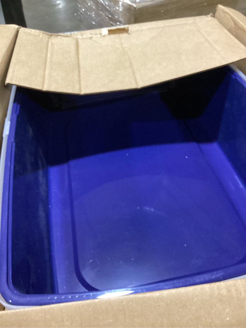 Condition photo showing As Is for iris usa cat litter box xx-large open top with high sided walls tall scatter shield scoop included easy clean plastic pan for big cats kittens multi-cat households 30"l x 20"w x 14"h navy xxl navy