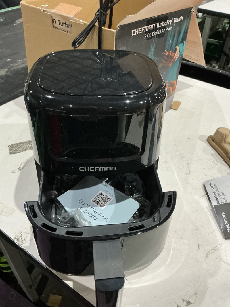 Condition photo showing Good Condition for chefman 2 qt mini air fryer – digital space-saving compact air fryer with nonstick and dishwasher safe basket, quick & easy meals in minutes, features digital timer and shake reminder – black 2 quart black