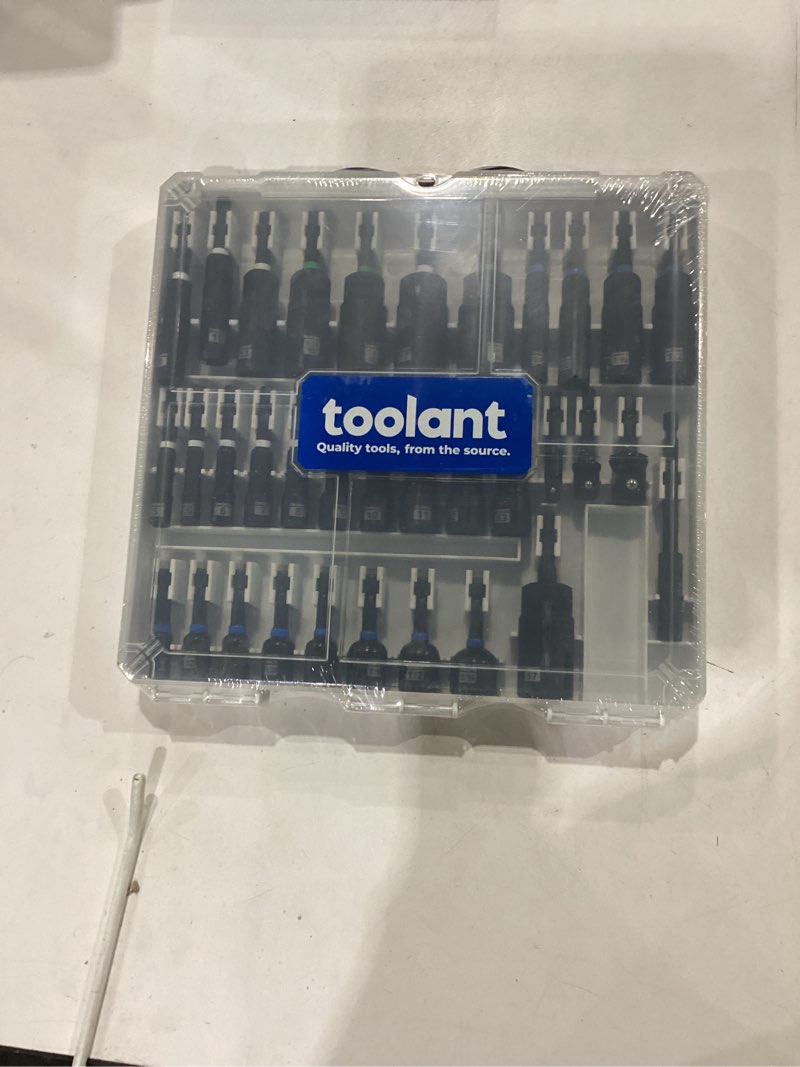 Condition photo showing New/Like New for toolant 34 piece magnetic nut driver set, impact driver bit set, deep nut driver, impact socket adapters, wing nut driver, tough gift case 34pcs assorted