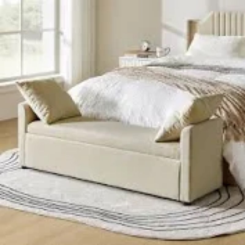 aristides modern 59.4" wide storage bench with two pillows for king bed