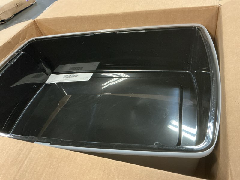 Condition photo showing As Is for iris usa xx-large cat litter box, open top extra large litter box for big cats and multi-cat households, high sided scatter shield, easy to clean, 30"l x 20"w x 14"h, black xxl black