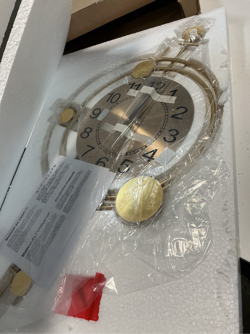 Condition photo showing New/Like New for Wall Clock with Pendulum, Silent Non-Ticking Quality Quartz Battery Operated, Round Analog Large Wall Clock for Living Room Kitchen Bathroom Bedroom Wall Home Decor, 16.2x29.2inch, Golden 168-golden