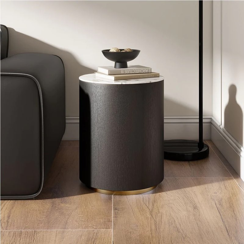 Modern Drum Coffee Table with Oak Veneer, Sintered Stone Coffee Table with 2 Solid Wood Drawers, Fully Assembled, White 