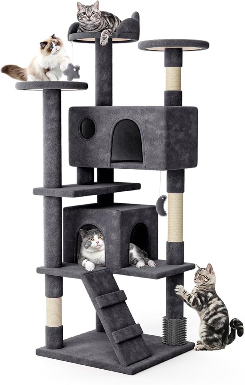 MoNiBloom Cat Tree, 70 Inch Cat Tree Tower with 2 Condo, Tall Cat Tower with Scratching Post, Cat Climbing Tower, Cat Tree for Indoor Cats, Smoky Grey