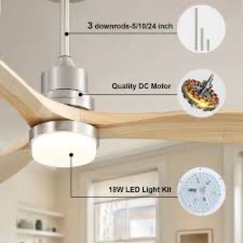 52'' ceiling fan with led lights and remote control, silver