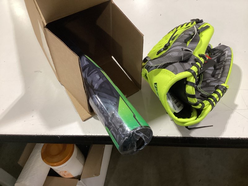 Condition photo showing As Is for youth t-ball set, 25” signature aluminum t-ball bat with -10 drop, foam core t-ball, 9” lightweight youth glove, vibrant graffiti print volt