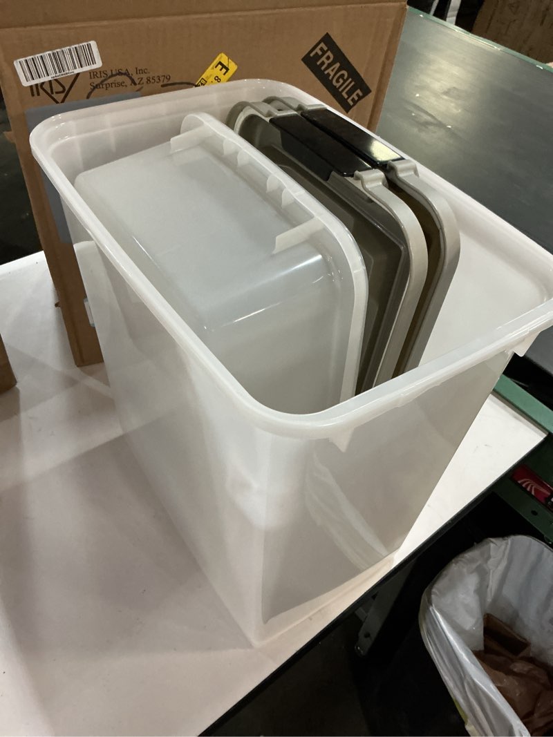Condition photo showing Good Condition for IRIS USA Dog Food Storage Container, 30 lbs & 11 lbs Combo, Cat Food Storage Container, Dog Treat Container, Airtight, Stackable, 2-Cup Scoop, Wheels, Easy Mobility, Silver 3 Piece Set Chrome