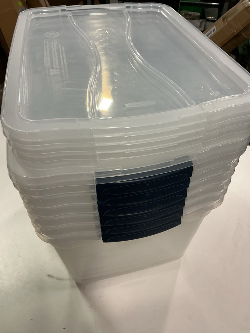 Condition photo showing Good Condition for Rubbermaid Cleverstore Clear 32 Qt, 6 Pack Stackable Plastic Storage Bins with Lids, Great for Closet and Laundry Storage, Organizing in the Home 32 Qt – 6 Pack