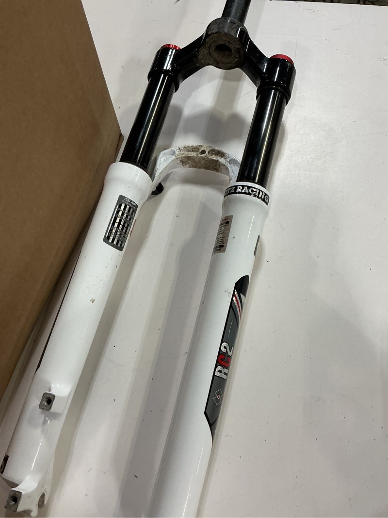 Condition photo showing As Is for air bike fork?mountain bicycle suspension fork quick release aluminium alloy shock absorber fork,white-26inch