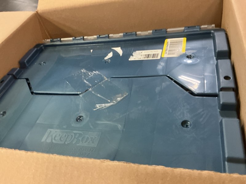 Condition photo showing As Is for akro-mils keepbox 12 gallon storage container, nesting and stackable plastic storage box with lid attached and rails for letter size hanging file folders, 21" x 15" x 12", clear/blue keepbox file box
