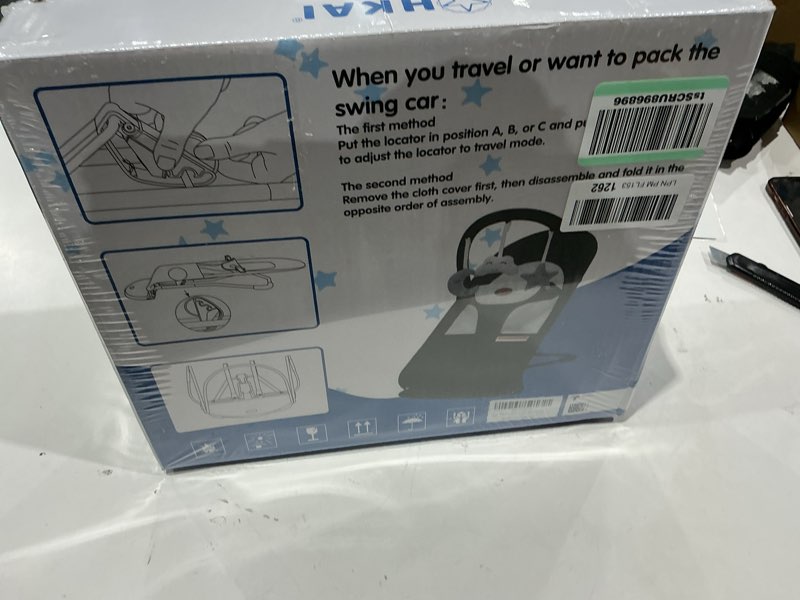 Condition photo showing New/Like New for hkai baby bouncer, portable baby bouncer seat for babies 0-18 months, 100% cotton fabrics, 3 modes of use with rocker and stationary options, infant rocker chair with hanging toys-dark grey