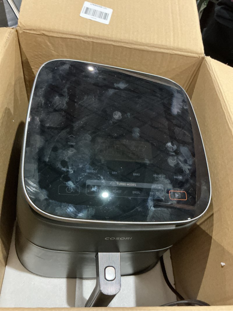 Condition photo showing As Is for cosori 9-in-1 turboblaze air fryer 6 qt, premium ceramic coating, 90°–450°f, precise heating for even results, air fry, roast, bake, broil, dry, frozen, proof, reheat, keep warm, 120v, dark gray dark gray 6qt air fryer
