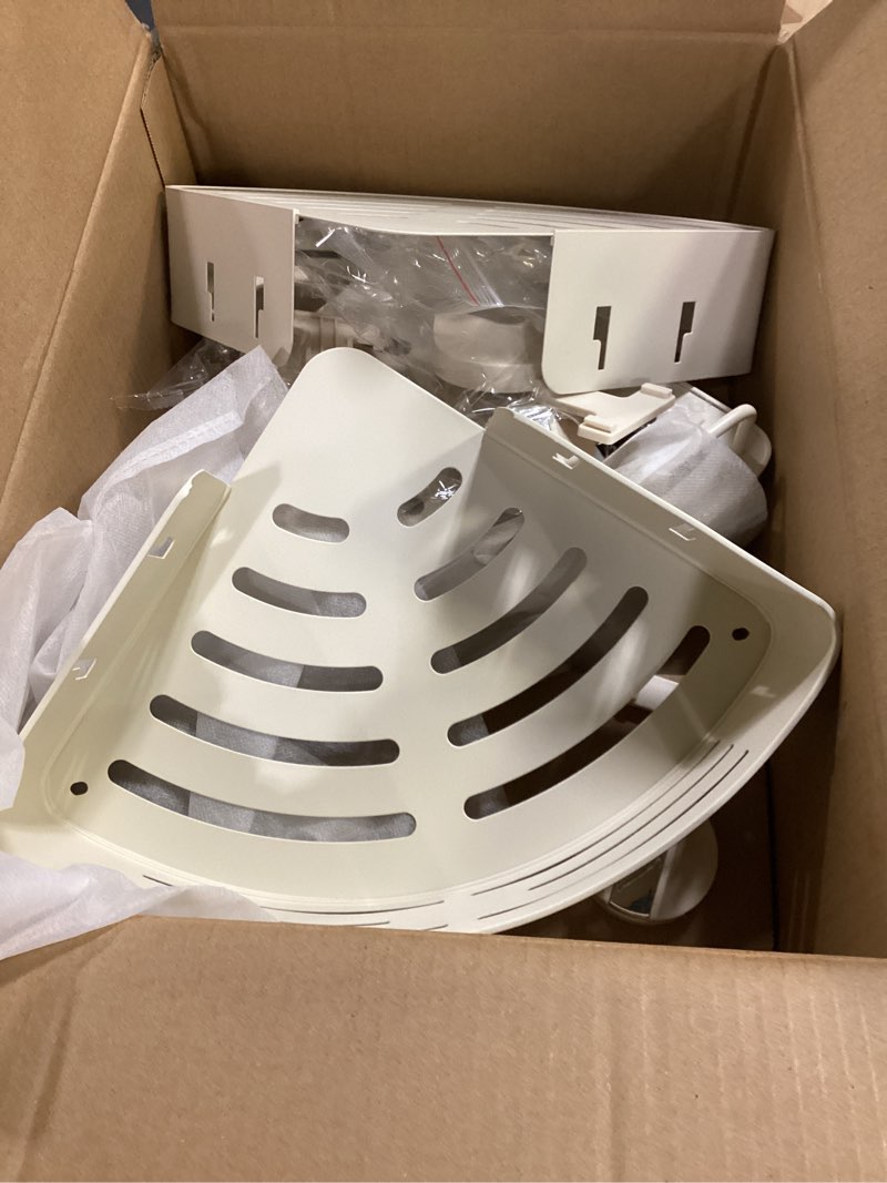 Condition photo showing Good Condition for VOLPONE Corner Shower Caddy Suction Cup Shower Shelf Corner No Drilling Bathroom Shower Organizer Storage Rack Adhesive with Towel Bar Hooks(3-Pack, Ivory) Suction cup triangle with towel bar hooks 3 tier ivory