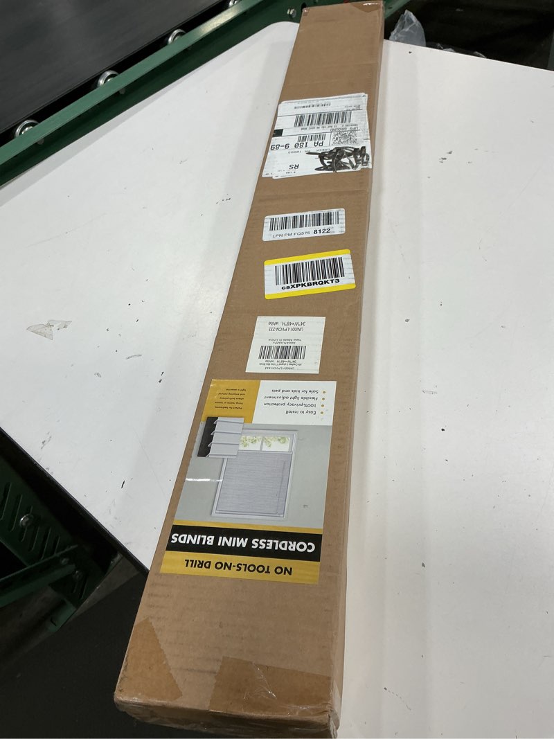 Condition photo showing New/Like New for unishades no drill blinds for windows 1" vinyl l-shaped slats cordless mini blinds for home, for window size 34" w × 48" h white white 34" w × 48" h