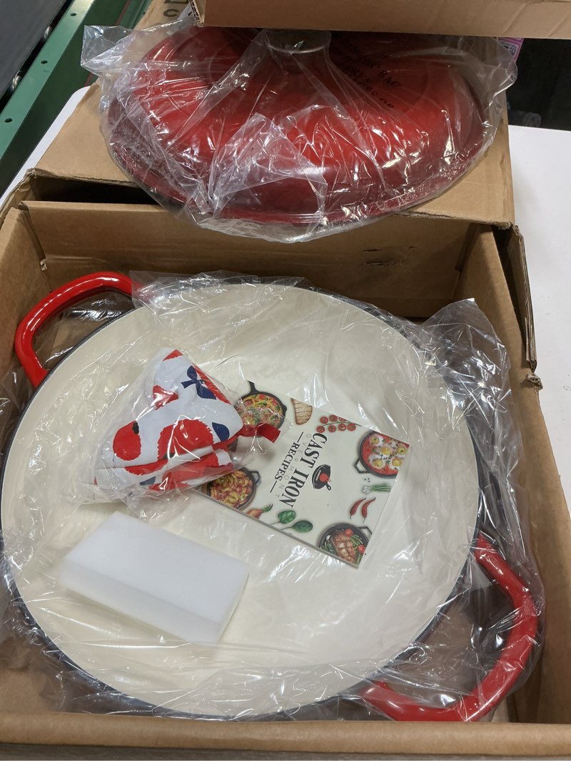 Condition photo showing Good Condition for overmont enameled cast iron dutch oven - 3.8 quart dutch oven pot with lid - shallow cookware braising pan - cast iron casserole with cookbook & heat-resistant caps - oven safe up to 500° f red