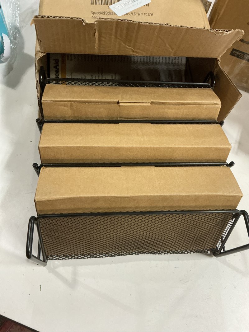 Condition photo showing New/Like New for SpaceAid Spice Rack Organizer with 20 Spice Jars, 386 Spice Labels, Chalk Marker and Funnel Set for Cabinet, Countertop, Pantry, Cupboard or Door & Wall Mount - 20 Jars, 9.8" W × 10.8“H, Black 20 Jars, 9.8" W × 10.8“H Black