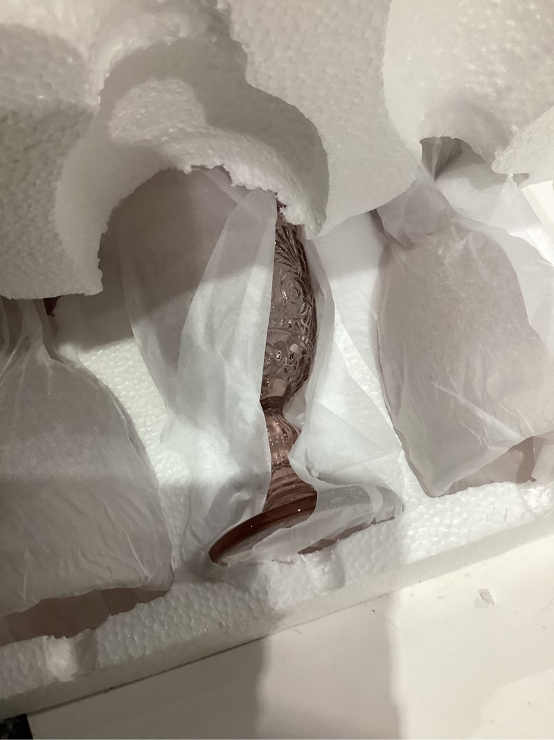 Condition photo showing Good Condition for 6 Pcs Goblet Glasses 10 oz Wine Glasses, Drinking Glasses Colored Retro Embossed Water Goblets For Wine Juice Baby Shower Wedding Reception Grand Event Party, Dishwasher Safe(Pink)