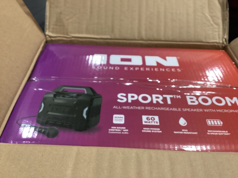 Condition photo showing Good Condition for ION Sport Boom - Portable 60W Outdoor Bluetooth Speaker with Microphone, IPX5 Water-Resistant, 15-Hour Battery, FM Radio, USB Port, App 60W water-resistant w/ microphone