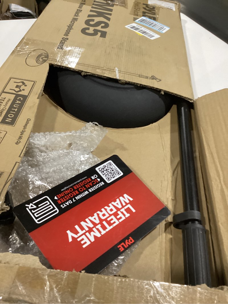 Condition photo showing Good Condition for pyle adjustable microphone stand - universal mic stand with compact heavy base, floor standing design, height adjustable, pivot angle clip for singing & recording (2.8’ - 5’ ft., 9.8” base diameter) 1 pack