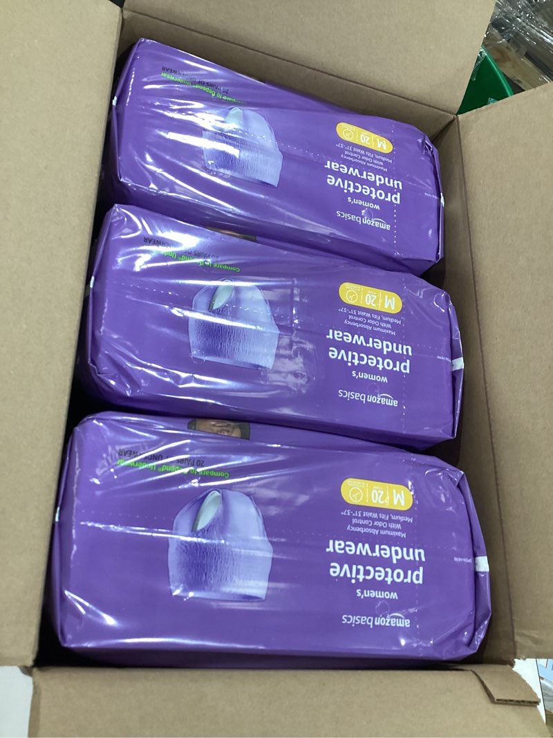 Condition photo showing New/Like New for Amazon Basics Incontinence Underwear for Women, Protective, Disposable, Postpartum, Maximum Absorbency, Medium, Lavender, 60 Count (3 Packs of 20) Medium 60.0