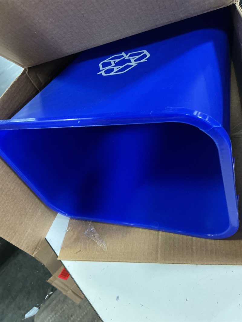 Condition photo showing As Is for amazon basics trash can, rectangular commercial office wastebasket, recycle logo, 10 gallon (pack of 1), blue blue 10 gallon (pack of 1)