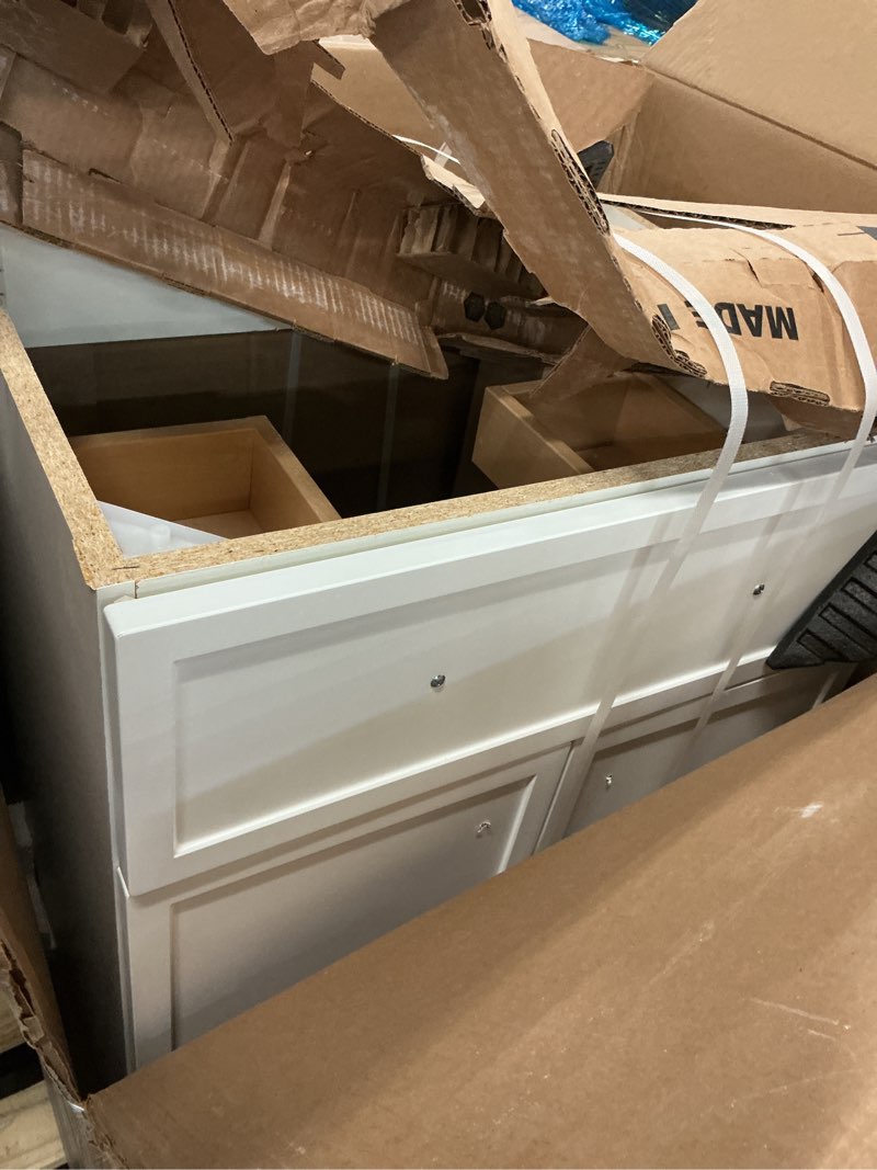 Condition photo showing As Is for (missing sink ) style selections potter 24-in true white single sink bathroom vanity with white