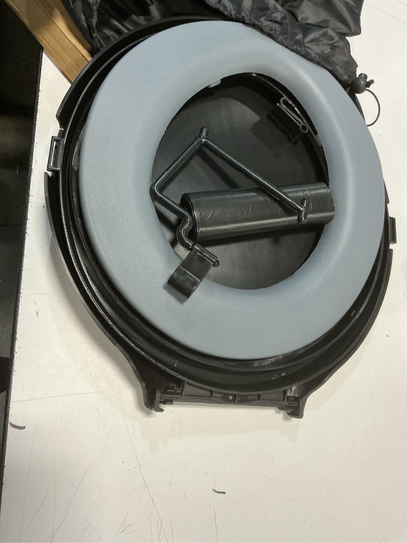 Condition photo showing As Is for bucket toilet seat with cushion, 5 gal bucket toilet seat with lid for camping, soft cushion toilet seat with storage bags and disposable toilet bags, camping, hiking, emergency, car, boat