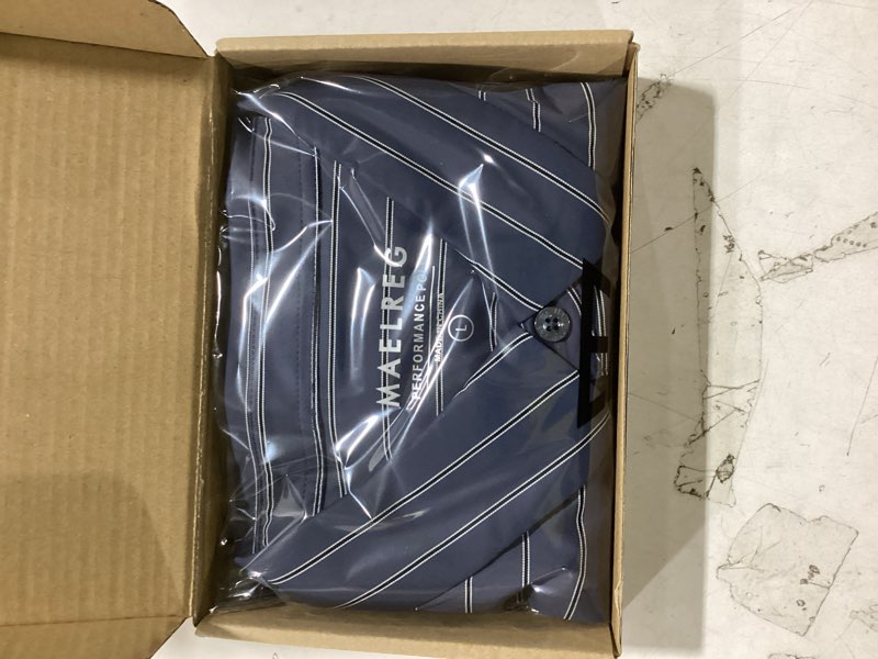 Condition photo showing Good Condition for M MAELREG Mens Striped Golf Shirts Short Sleeve Silk-Like Touch Water-Resistant Breathable Soft Collared Polo Shirts for Men Large Dark Slate Blue Stripe