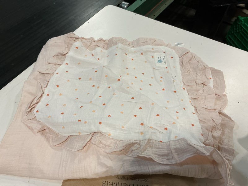 Condition photo showing Good Condition for lulumoon ruffle baby blanket for girls: soft muslin cotton newborn photo backdrop - lightweight crib blanket for nursery decor & baby registry gift 40"x36"(pink) pink 40"x36"
