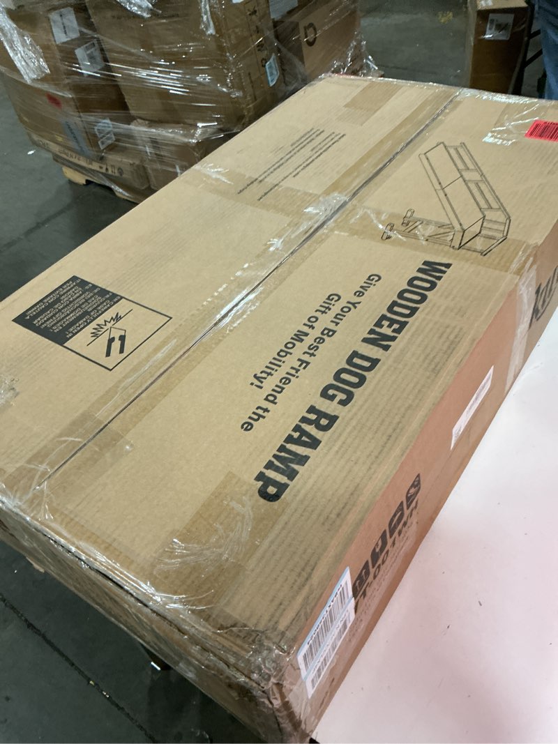 Condition photo showing New/Like New for dog ramp for bed or couch, wooden pet ramp with 20° gentle slope, removable side rails, non-slip surface, top platform & wheels, safe bed ramp for small, large & senior dogs, 74" long, white white l-73.2"l x 16"w x 25"h