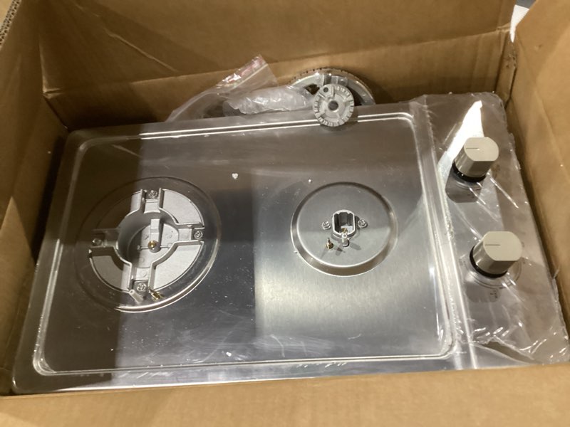 Condition photo showing As Is for llamaviva gas stove 12 inch, propane cooktop 2 burner, portable gas cooktop stainless steel, dual fuel lpg/ng convertible with thermocouple safety protection for kitchen, rv, camping, outdoor, not tested, missing parts