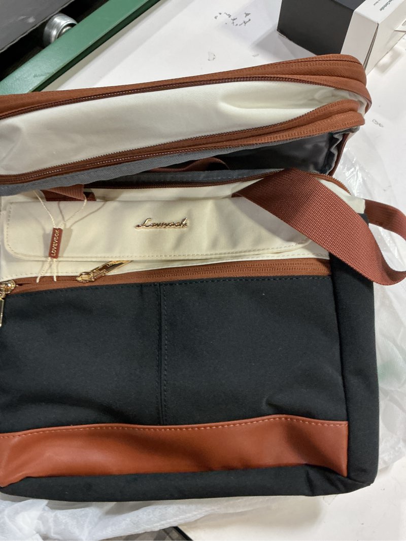 Condition photo showing Good Condition for LOVEVOOK Insulated Lunch Bag Women Men,Expandable Double Deck Lunch Box for Women With Large Cup Holder,Leakproof Cooler Bag For Adult Lunch Tote Bag Work Picnic Beach with Adjustable Shoulder Strap Black with Off White with Brown Large-15L