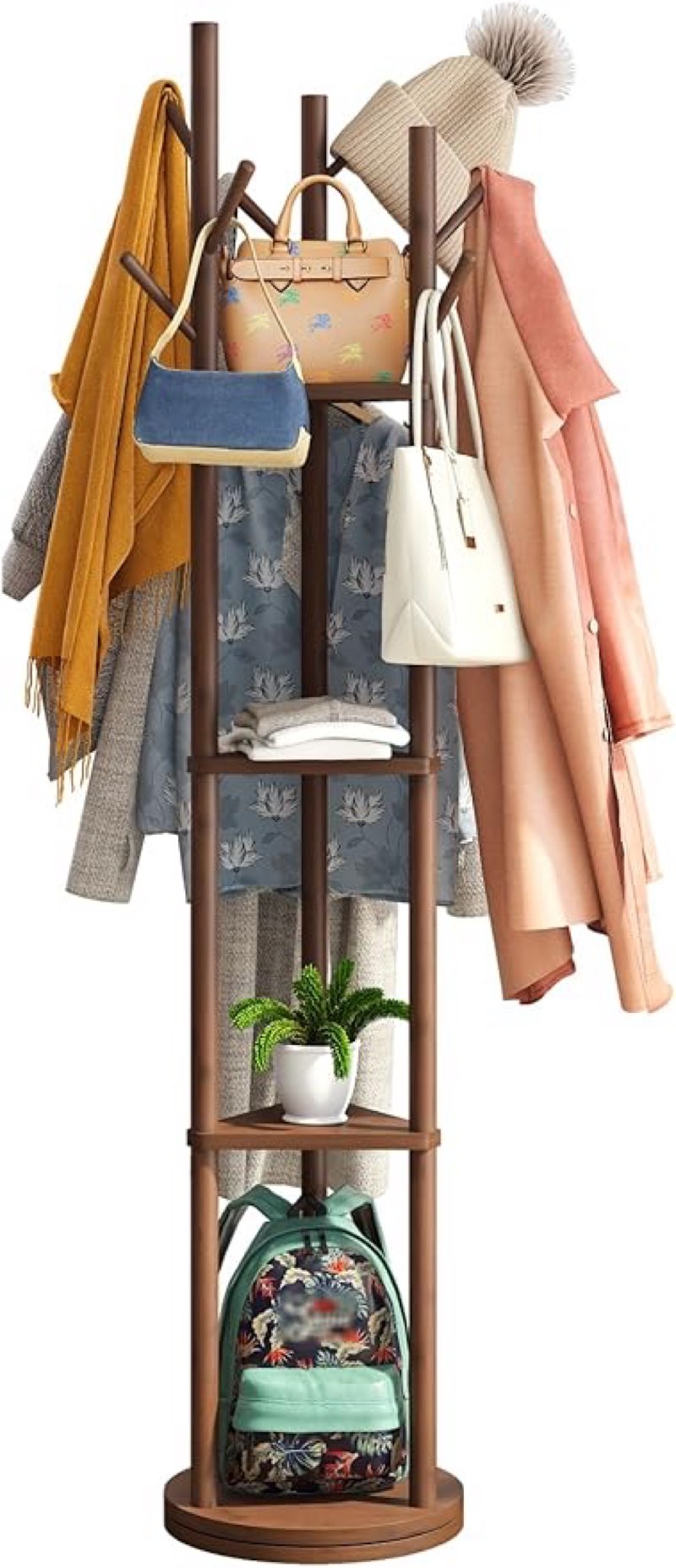 kiplant Rotary Coat Rack Stand with 8 Hooks, Bamboo Wood Coat Tree for Clothes/Bags/Hats, Large Coat